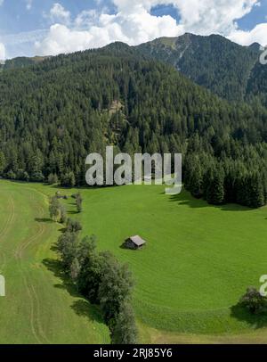 Green mountain landscape with small traditional log cabin on an agricultural field Stock Photo