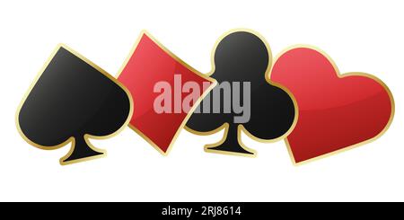 Hearts diamonds clubs spades sign realistic chips. Glossy playing card suit symbols with gold border. Vector illustration card sign on white backgroun Stock Vector