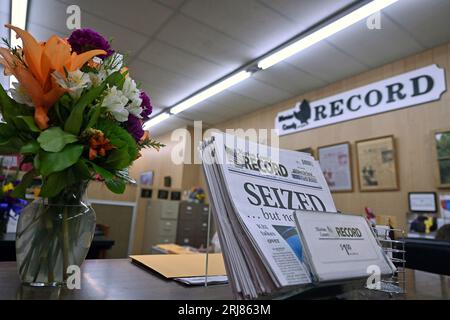 MARION, KANSAS - AUGUST 21, 2023 Floral arrangement for Joan Meyer at the Marion County Record newspaper today Stock Photo