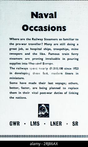 A 1945 advertisement by 4 of the railway companies then operating in the United Kingdom, Great Western Railway, London Midland and Scottish Railways, London North Eastern Railway. And Southern Railway The advertisement concerns Railway Steamer Ships, many of which had been requisitioned by the British Government as hospital ships and troop ships. The ships are now playing a vital role, they say,  in bringing supplies to liberated Europe. Stock Photo