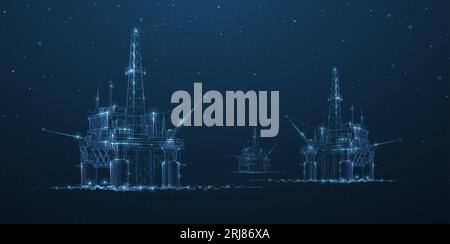 Oil rigs. Abstract 3d floating rig platforms isolated on blue. gas platform, offshore drilling, refinery plant, petroleum industry Stock Vector