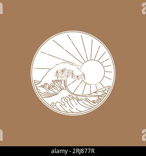 big ocean waves in summer illustration, rounded seascape with wave and sun logo design Stock Vector