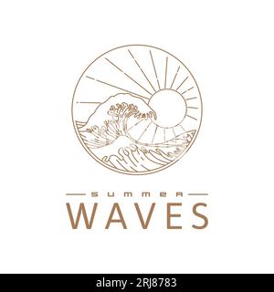 ocean big wave illustration logo for resort, hotel, or beach, line art style summer beach symbol Stock Vector