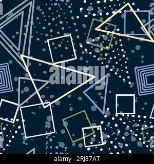 Squares and triangles  hand drawn vector seamless pattern in blues tones, fashion, print repeating background Stock Vector