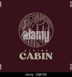 Wooden cabin in the forest, hills at the quiet night. line art style logo vector Stock Vector