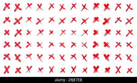 Grunge set X. Set red shapes on a isolation white background. X red mark vector set collection. Cross sign icon from hand brush strokes. Hand drawn do Stock Vector