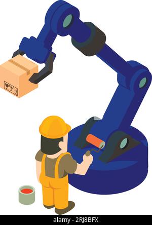 Painting work icon isometric vector. Man with paint roller, warehouse manipulator. Repair, finishing work Stock Vector