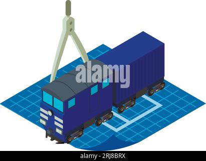 Railway project icon isometric vector. Blue railway locomotive on drawing paper. Engineering, rail transport Stock Vector