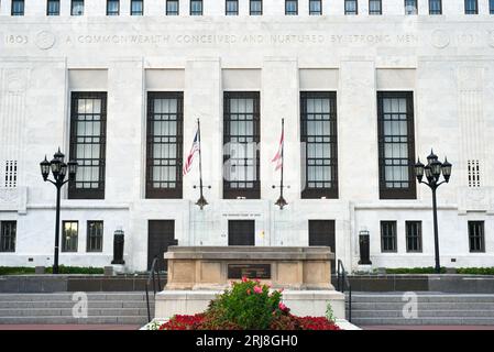 The Ohio Supreme Court building presents an imposing facade in downtown Columbus, seen from the Scioto Mile, a recently renovated river walk. Stock Photo