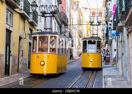 LISBON PORTUGAL; 08/21/2023, view of the Elevador da Bica, or Ascensor de Bica, is a funicular railway located on Rua da Bica in Belo Duarte in Lisbon Stock Photo