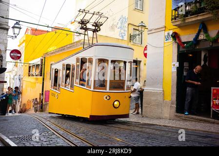 LISBON PORTUGAL; 08/21/2023, view of the Elevador da Bica, or Ascensor de Bica, is a funicular railway located on Rua da Bica in Belo Duarte in Lisbon Stock Photo