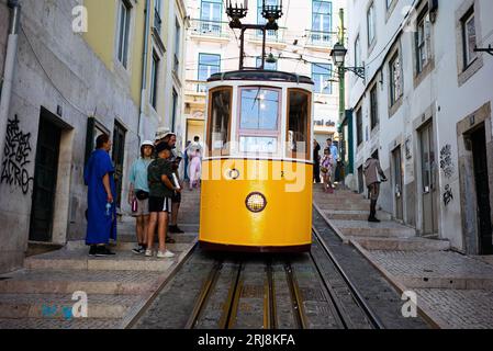 LISBON PORTUGAL; 08/21/2023, view of the Elevador da Bica, or Ascensor de Bica, is a funicular railway located on Rua da Bica in Belo Duarte in Lisbon Stock Photo