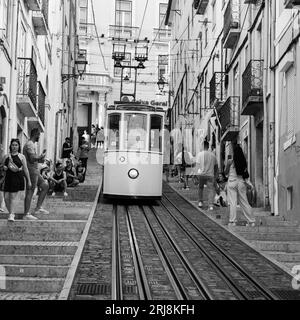 LISBON PORTUGAL; 08/21/2023, view of the Elevador da Bica, or Ascensor de Bica, is a funicular railway located on Rua da Bica in Belo Duarte in Lisbon Stock Photo