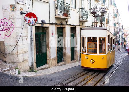 LISBON PORTUGAL; 08/21/2023, view of the Elevador da Bica, or Ascensor de Bica, is a funicular railway located on Rua da Bica in Belo Duarte in Lisbon Stock Photo