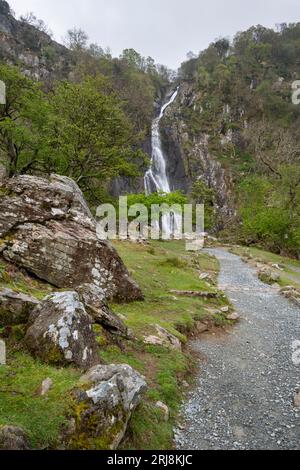 Footpath to Aber Falls a spectacular waterfall on the edge of the Carneddau mountains in North Wales. Stock Photo