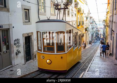 LISBON PORTUGAL; 08/21/2023, view of the Elevador da Bica, or Ascensor de Bica, is a funicular railway located on Rua da Bica in Belo Duarte in Lisbon Stock Photo