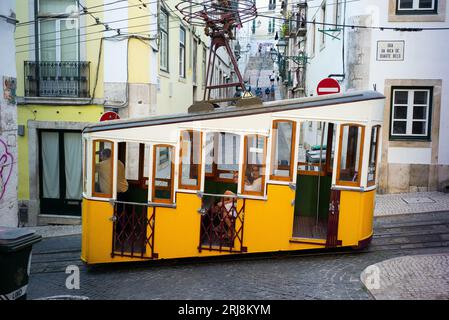 LISBON PORTUGAL; 08/21/2023, view of the Elevador da Bica, or Ascensor de Bica, is a funicular railway located on Rua da Bica in Belo Duarte in Lisbon Stock Photo