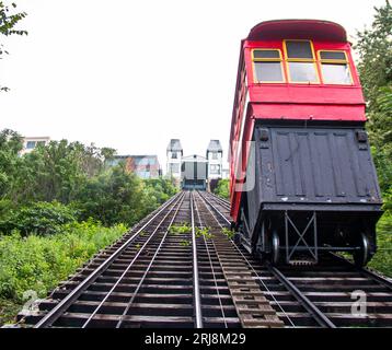 Looking up from the Duquesne incline on Mount Washington at the other funicuar going up Stock Photo