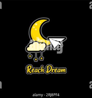 Crescent Moon And Paper Plane For Reach Dreams logo. A Combination of Crescent Moon, Paper Airplane, Clouds, and Stars Stock Vector