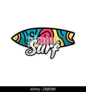 Surf emblem vector template, colorful surfboard with lettering Stock Vector