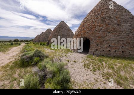 These behave shaped charcoal ovens were used from 1876 to 1897 to make charcoal out of trees to process silver ore in the area. Stock Photo