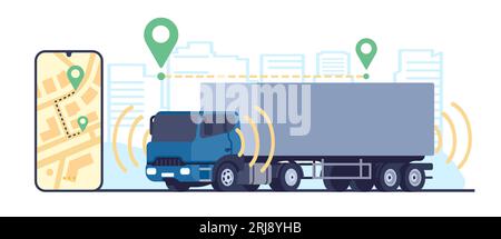 Transport of future. Truck moves on road without driver. Driverless lorry. Car automative driving. City route control smartphone application. Location Stock Vector