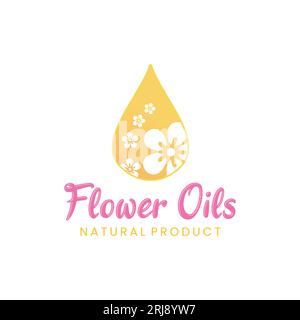 Floral Essential Oil Logo, Flower Inside golden water droplet simple vector design Stock Vector