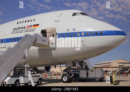 Edwards Air Force Base, CA, USA - Oct. 15, 2022: The NASA SOFIA (Stratospheric Observatory For Infrared Astronomy) 747SP jet is shown on display. Stock Photo
