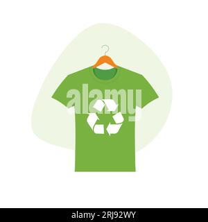 Slow sustainable fashion. T-shirt on a clothes hanger. Recycling textile and green technologies. Reuse icon. Vector Illustration sticker. Stock Vector