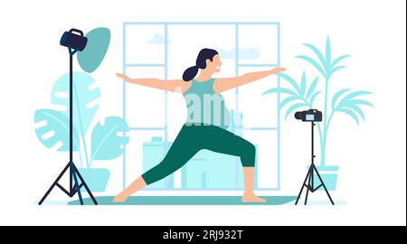 Pregnant woman leads online yoga class from home. Pregnancy workout. Female doing fitness exercises on mat. Recording training video for course Stock Vector