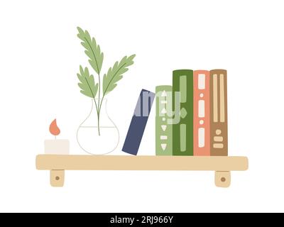 A shelf with books, a candle and a vase with abstract flowers with leaves. Home decor, interior. Books with a pattern on the covers. Vector illustrati Stock Vector