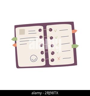 Wirebound notebook, diary with notes, stickers and bookmarks. A daily planner for tasks with a to-do list and a smiling face. Flat cartoon vector illu Stock Vector