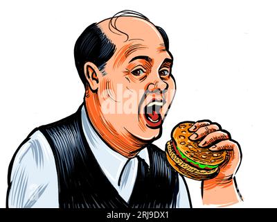 Man eating a burger. Happy man drinking a mug of beer. Retro styled hand-drawn ink on paper and hand colored on tablet Stock Photo