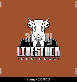 Cow Buffalo Businessman Label For Company Logo, Livestock, Film Director. Illustration of the Head of a Cow, Buffalo, Bull Wearing an Office Suit Stock Vector