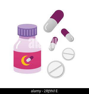 Bottle of sleeping pills. Dormitive tablets. pills for better sleeping. Cartoon illustration, flat design. Cartoon illustration, flat design. Stock Vector