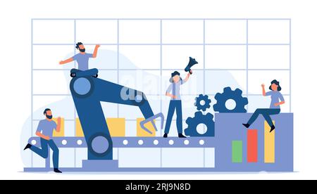 Vector business industry robot factory concept illustration future production process with infographic chart and people. Smart revolution technology m Stock Vector