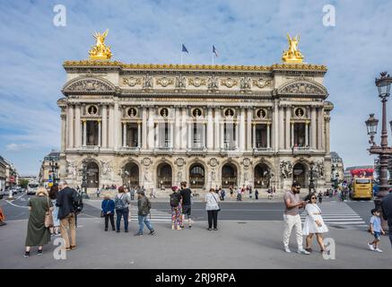 principal façade of the Palais Garnier also known as Opéra Garnier from the Place de l'Opéra in the 9th Arrondissement of Paris,  Île-de-France, Franc Stock Photo