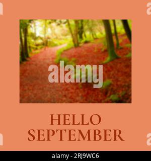 Composite of hello september text over autumn in garden Stock Photo