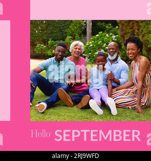 Composite of hello september text over african american multi generation family in garden Stock Photo