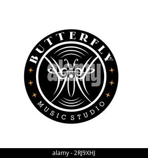 Vintage Classic Butterfly Music Vinyl Record logo design Stock Vector