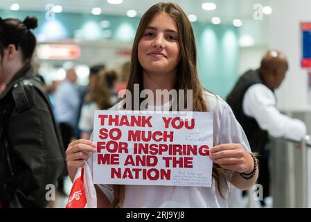 London Heathrow Airport, London, UK. 22nd Aug, 2023. Following their defeat to Spain in the FIFA Women’s World Cup the England football team have landed at Heathrow on QANTAS flight number QF1 from Sydney, via a brief stop at Singapore. Fans gathered in the arrivals hall hoping to meet their idols as they exited into the arrivals hall in terminal 3 at the airport but the team had been taken out by another route Stock Photo