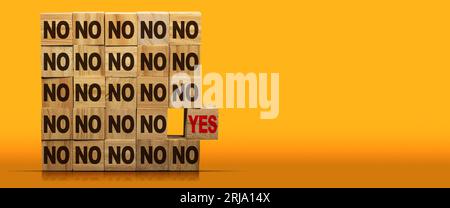 Stack of wooden blocks with text Yes or No. On a yellow and orange background with copy space and reflections. Stock Photo