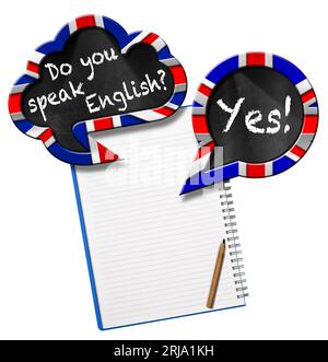 Two speech bubbles with Uk flag (Union Jack Flag) and question Do You Speak English? and Yes! Blank note book with copy space, isolated on white... Stock Photo