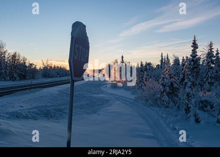 A red octagonal stop sign covered in snow on a rural road, its surface reflecting the winter sunlight. Stock Photo
