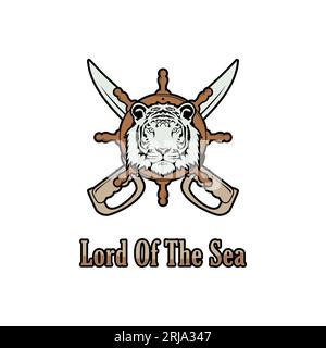 Pirate Logo With Tiger Head, Steering Wheel And Crossed Sword Vintage Logo Design Inspiration Stock Vector
