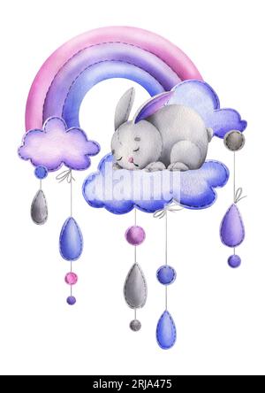 Cute bunny, sewn from fabric with thread stitches, sleeping on a rainbow with clouds and hanging raindrops. Watercolor illustration hand drawn Stock Photo