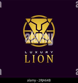 Minimalist Luxury Lion Face Logo Design, Golden Lion Head Geometric Style Stock Vector