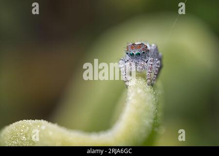 Peacock spider, Maratus speciosus (the Coastal Peacock spider) in his breeding colours. Stock Photo