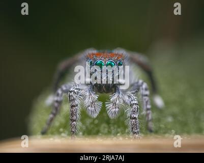 Peacock spider, Maratus speciosus (the Coastal Peacock spider) in his breeding colours. Stock Photo