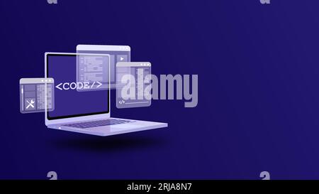 Web Programming and Development, Code Testing with Laptop Displaying Holographic UI Stock Vector